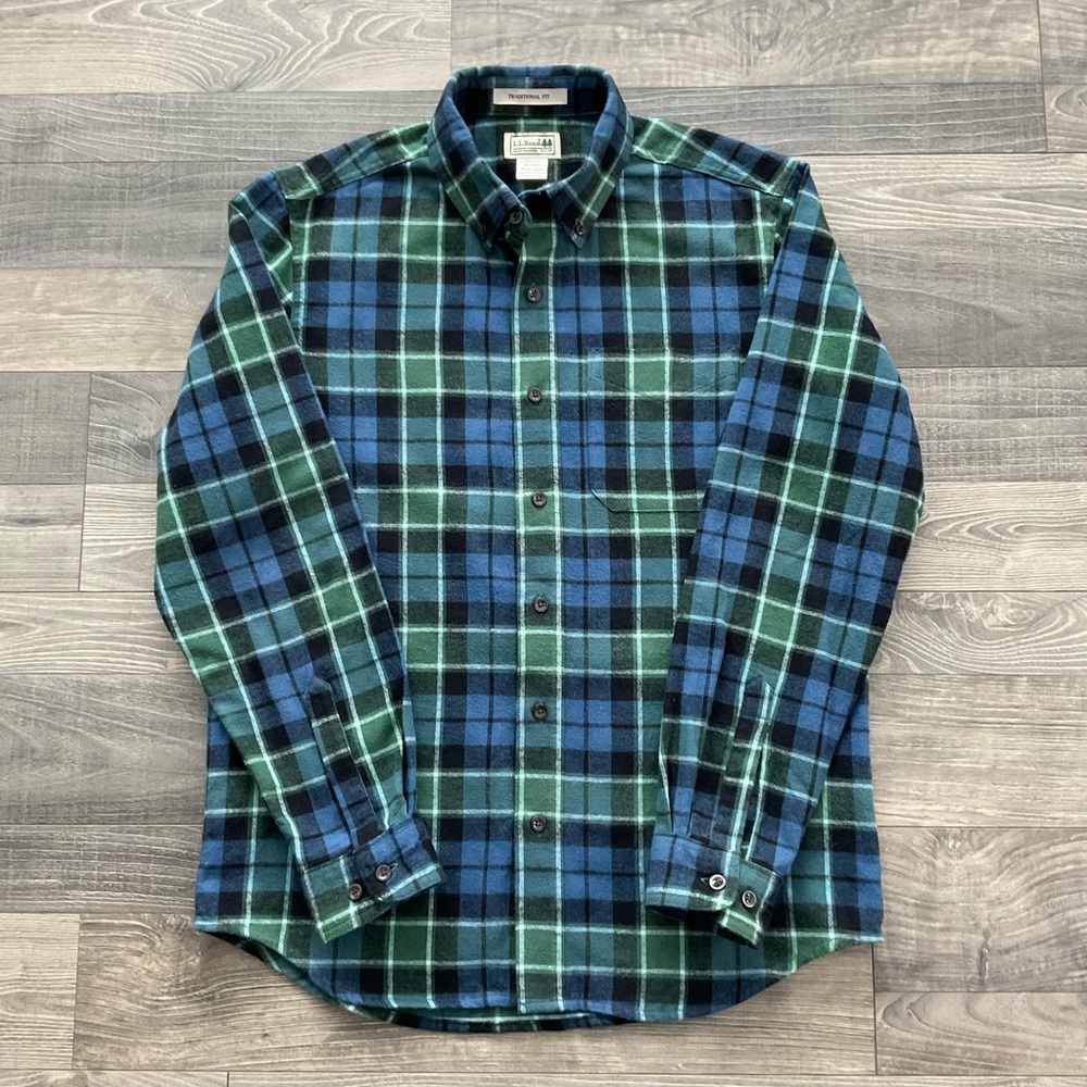 LL Bean Scotch Plaid Flannel Shirt Men’s SMALL Green Black Blue White 228061